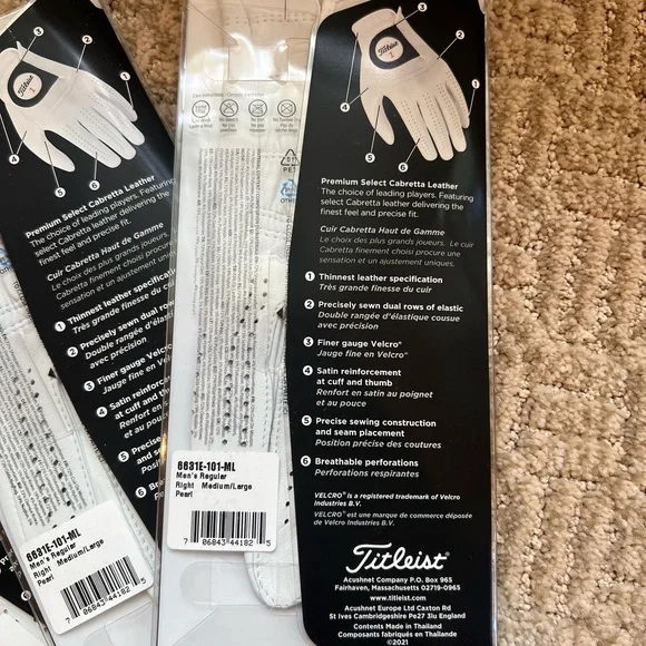 Titleist Players Premium White Gloves Men’s Regular Right Medium/Large Pearl s/3
